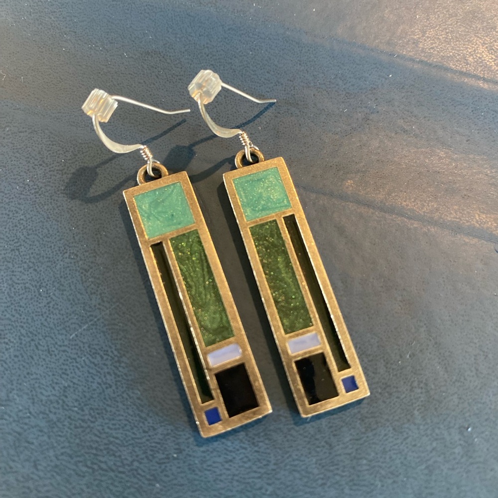 Green Geometric Inlay Drop Earrings -Prairie Window Earrings Blue